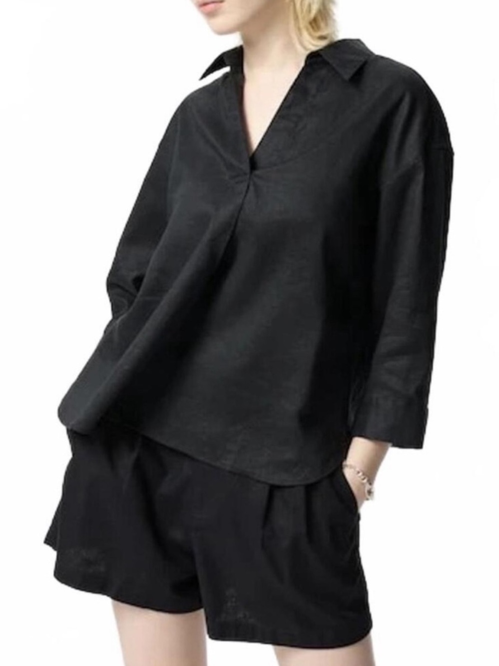 Uniqlo Women’s 100% Premium Linen Skipper Popover Shirt in Black - Size M - Picture 1 of 7